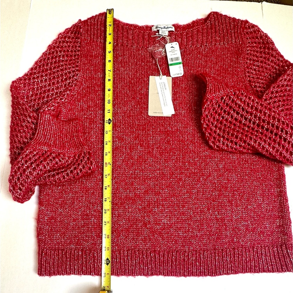 Tommy Bahama Wool Blend Shimmer Ballon Sleeve Tango Red Sweater size Large NWT - Picture 6 of 10